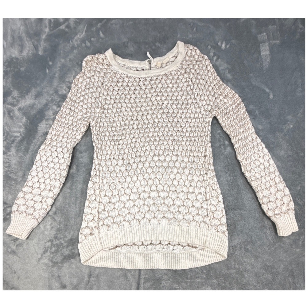 Moth Anthropologie Med Cotton Textured Open Knit Back Zip Sweater Cream White